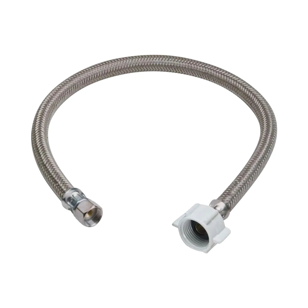 The Go Build 3/8 in. Compression x 7/8 in. Ballcock Nut x 9 in. Braided Polymer Toilet Connector features durable metal and plastic ends for reliable plumbing connections.